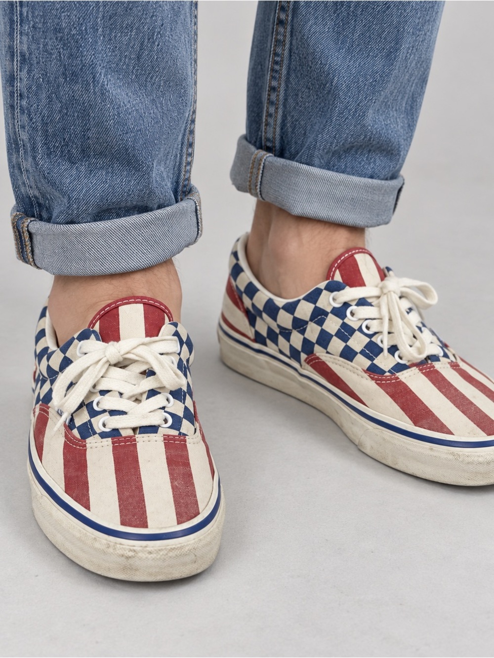 Vans Low-Top Sneakers in Red, White & Blue Checker-Stripe 10.5